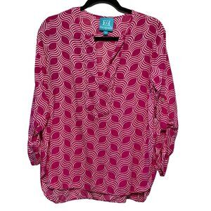 Escapada Pink White Notch Neck 3/4 Rolled Tab Sleeve Blouse Small